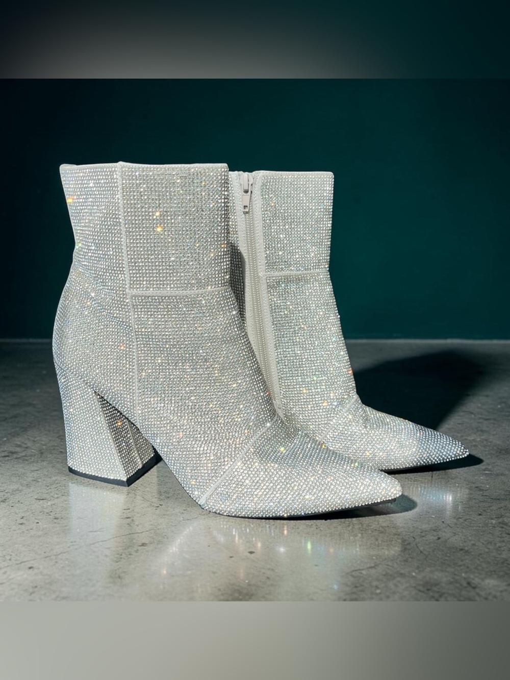 Madden Girl Silver Crystal Embellished Pointed Toe Block Heel Ankle Boots